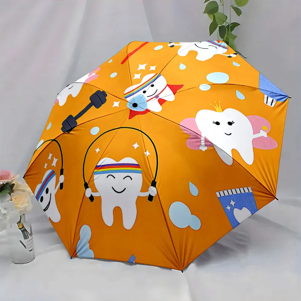 1PC Fun Tooth Characters on a Bright Umbrella Print 8 Iron Ribs Folding Umbrella Auto-Open Fashion Sunshade