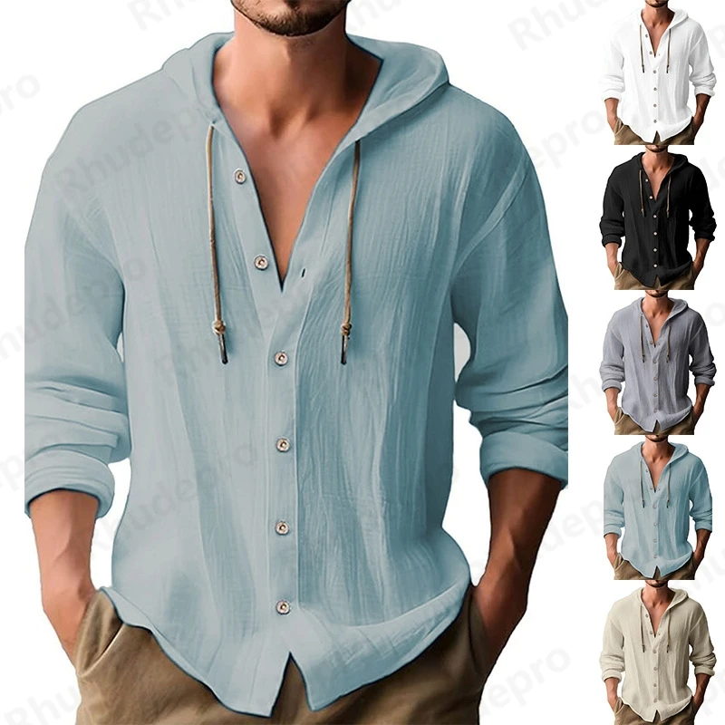 

2025 Men's Solid Color Casual Shirt Hooded Drawstring Cardigan Trendy And Versatile Loose Beach T-shirt Camisas Para Hombres