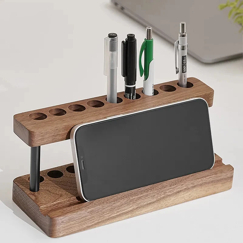 

Walnut Pens Holder Soild Wood Desktop Storage Organizer Phone Stand Multifunction Creative Office School Accessories