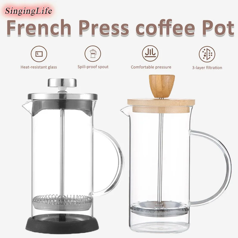 French Press Pot Heat-resistant Borosilicate Glass Hand Brewing Tea Coffee Filter Press Pot with Wooden Lid Hand Punch Kettle