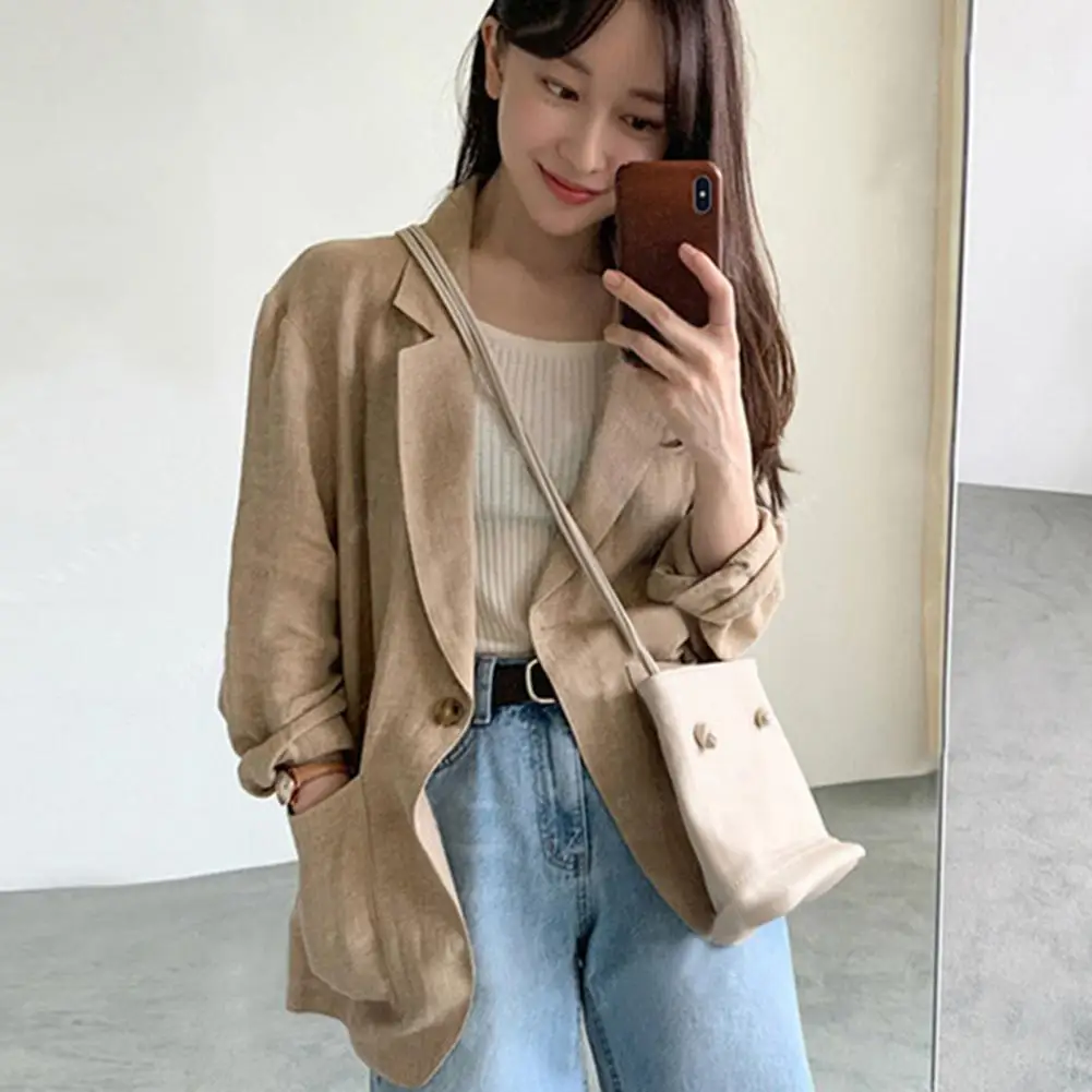 Korean Style Women Lapel Long Sleeve Suit Coat Pockets Design Single Button Solid Color Loose Fit Thin Blazer Jackets Workwear