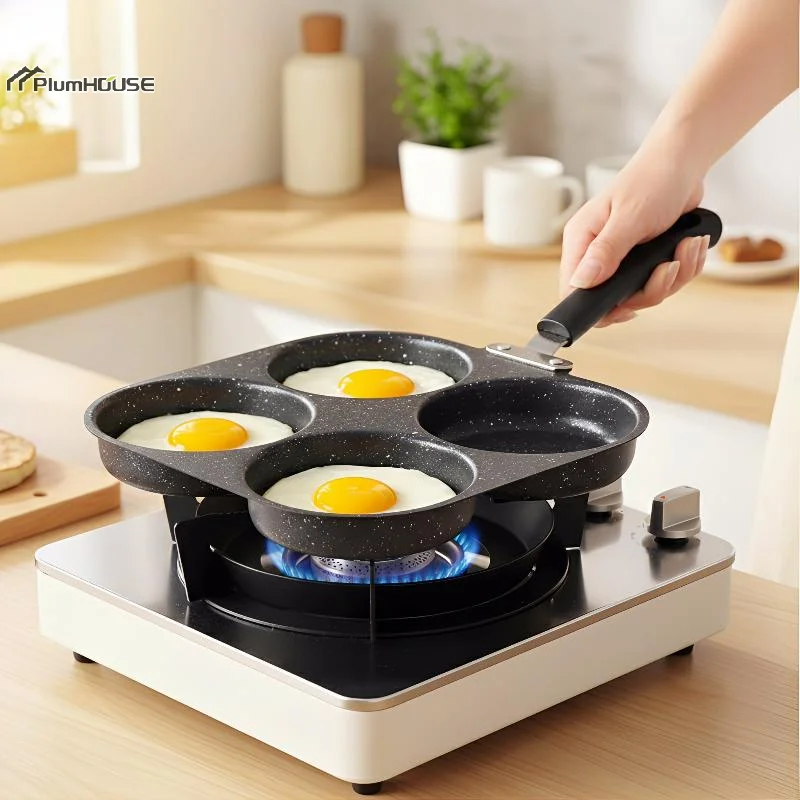 3/4hole Egg Burger Frying Pan Wooden Handle Nonstick Household Universal Stove Steak Multi-Functional Burger Bread Breakfast Pot