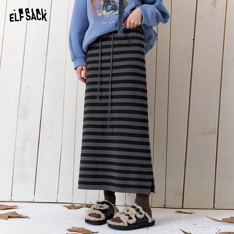 ELFSACK Women's Striped Midi Skirt with Heart Embroidery, Casual Drawstring Waist Skirt, Cozy Daily Straight Bottom