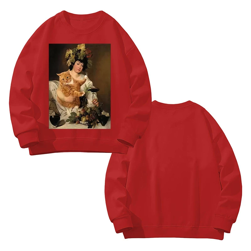 パーカー女性猫油絵プリント面白いグラフィックプルオーバースウェット長袖カジュアルレッドトップス原宿服 2025