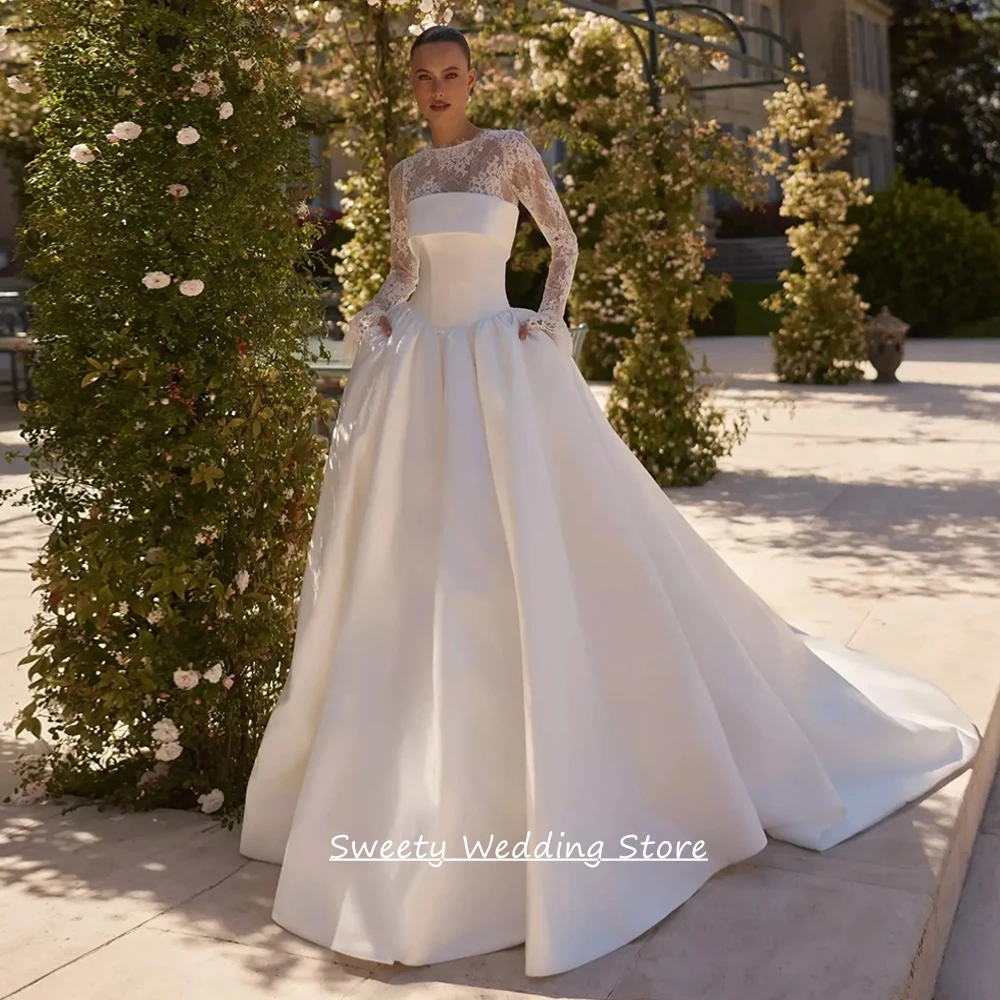 Customized Bride Wedding Dresses for Woman Modern Long Sleeves O Neck Lace Satin A Line Pocket Bridal Gown Court Train