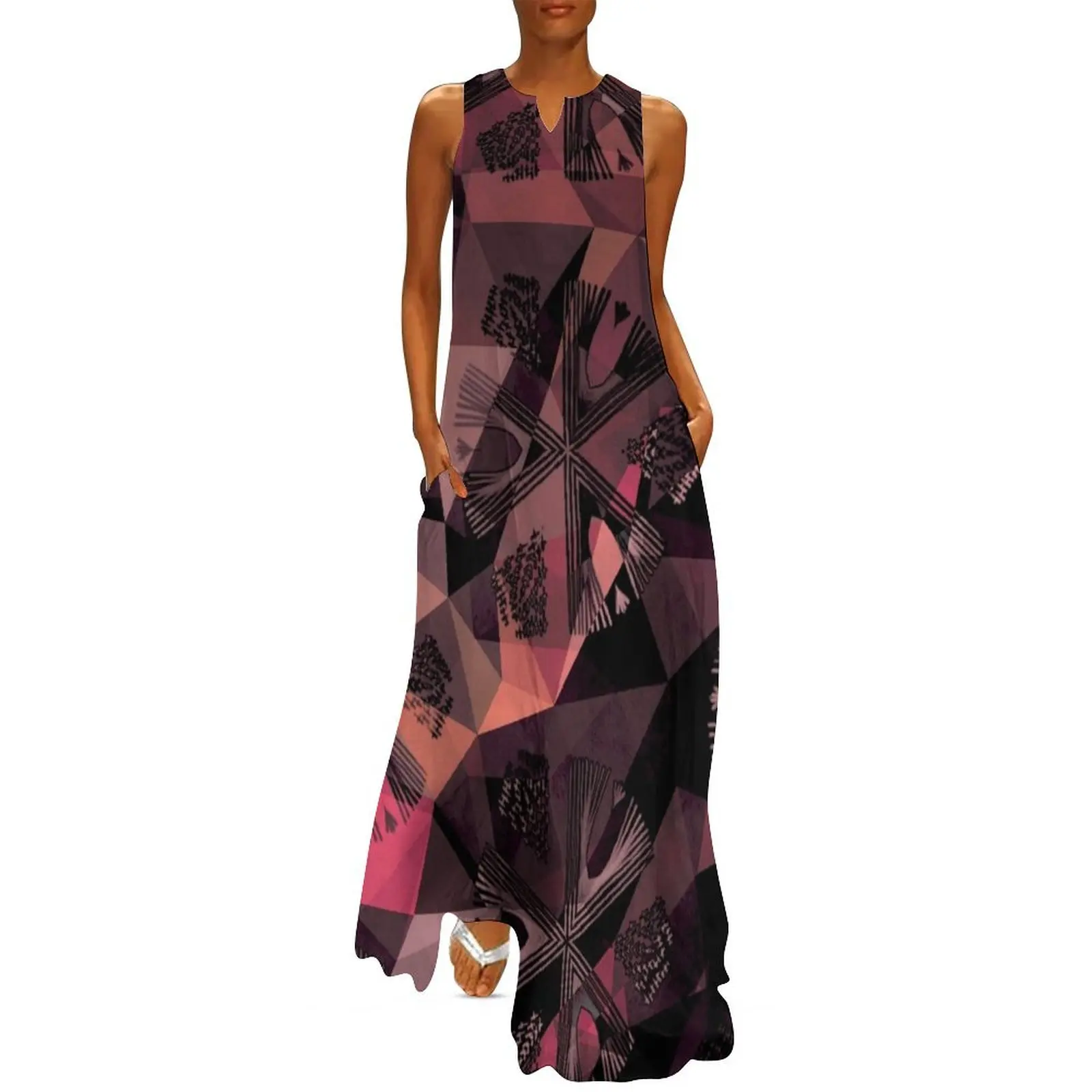 Lavender Red Brown Abstract Geometric Triangle Polygon Seedpod Illustration Long Dress beach outfits for women