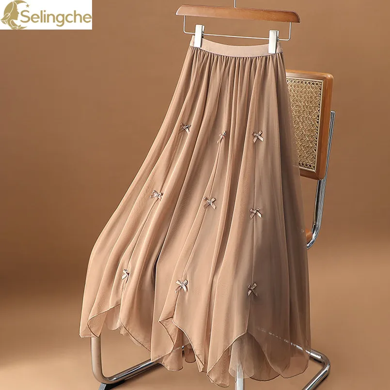 High End Bow Irregular Mesh Half Length Skirt for Women Spring/Summer New Mid Length Draping and Age Reducing A-line Yarn Skirt