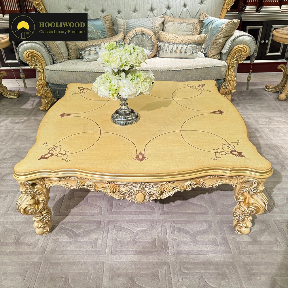 *Yellow Hand Carved Gold Leaf Accent Luxurious Baroque Style Coffee Table for Elite Mansion Villa Living Room