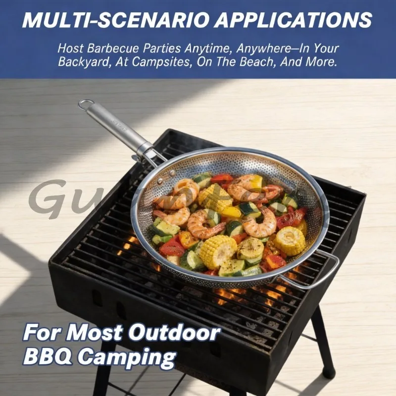 Metal Grill Pan With Removable Handle, Outdoor Grill Tray and Lid, Meat Seafood Vegetable Grilling Cookware