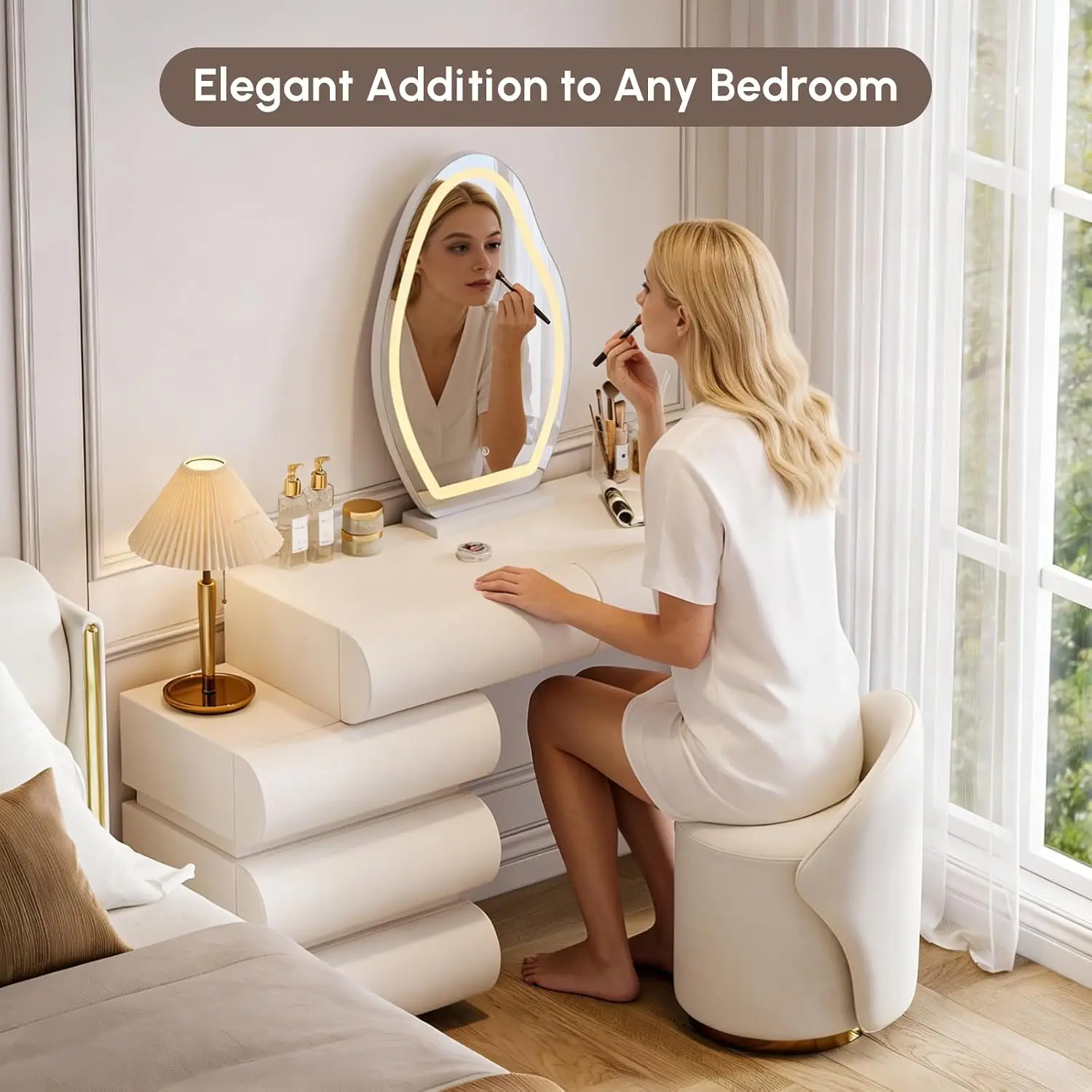 White Makeup Vanity Set with LED Mirror and Dressing Stool, Modern PU Leather Dressing Table with Drawers for Bedroom, Ideal for