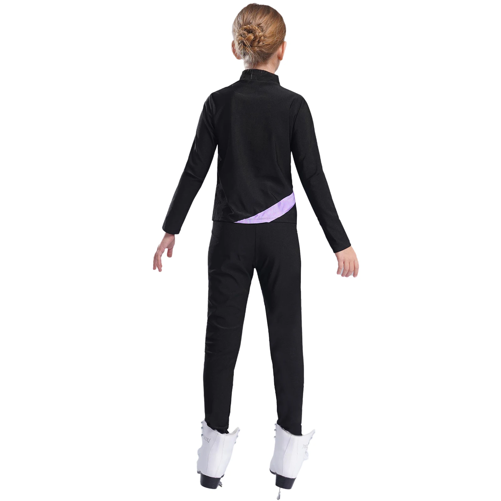 Kids Girls Sportswear Long Sleeve Shiny Rhinestone Star Contrast Color Sweatshirt+Leggings for Gymnastics Workout Figure Skating