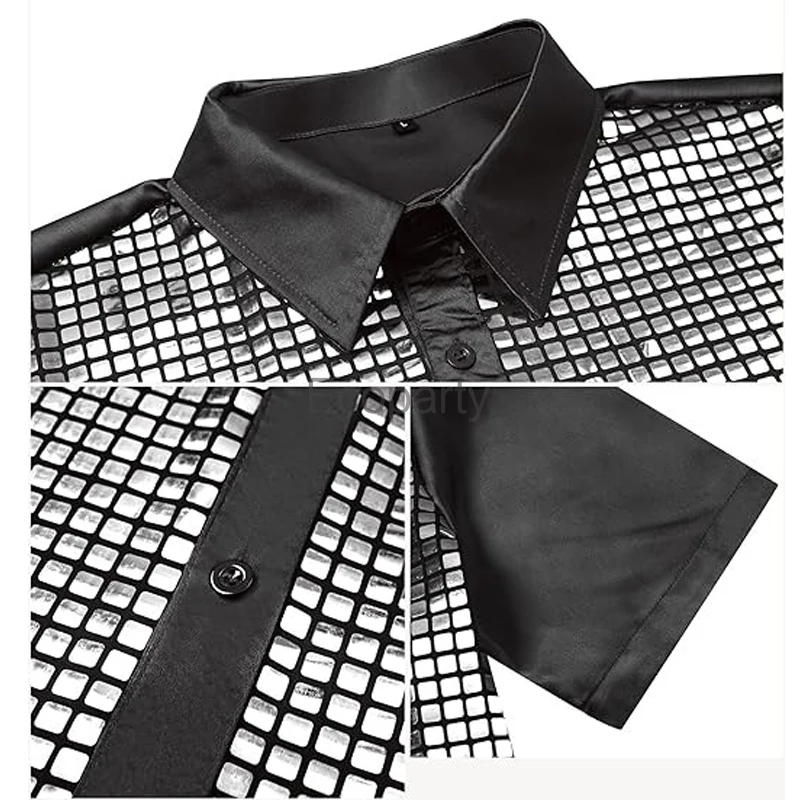 Camisa de manga corta con lentejuelas brillantes para hombre, traje de baile con botonadura única, estilo Retro de los años 70, para discoteca y fiesta de verano, novedad de 2024