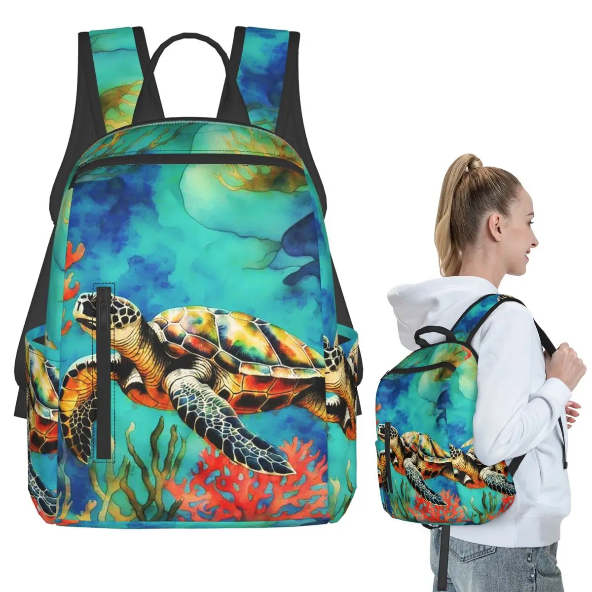 Sea Turtle Coral Watercolor Painting Backpack Student BookBag Kids School Bag Laptop Shoulder Bags Men Women