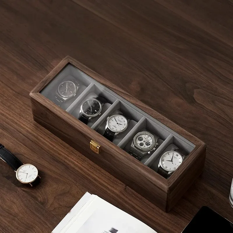 Black Walnut Watch Box Retro Luxury Watches Storage Boxes Transparent Glass Watch Display Case Packaging Organizer Supplies Gift