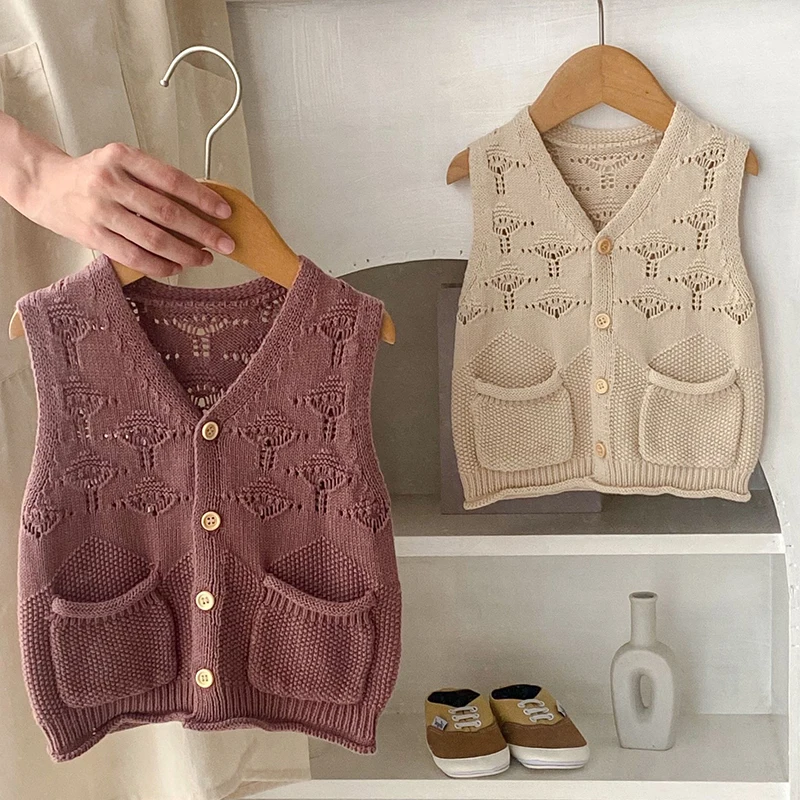 Korean Style Newborn Baby Girls Knitting Vest Sleeveless Solid Color V-neck Autumn Spring Infant Baby Girl Knitting Cardigan