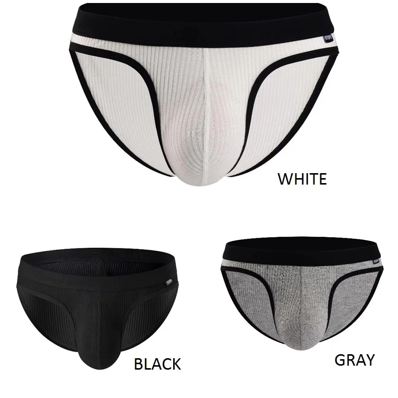 Men Briefs Underpants Underwear White Gray Black XL XXL U Raised Bag Low Waist Vertical Stripe