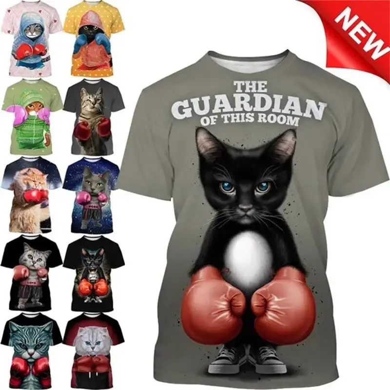 Funny Boxing Cat T Shirt Novelty Men 3D Muay Thai Cats Boxer Print T-shirt Cool Designs Felinae Felis Catus Kids Tops Tee Shirts