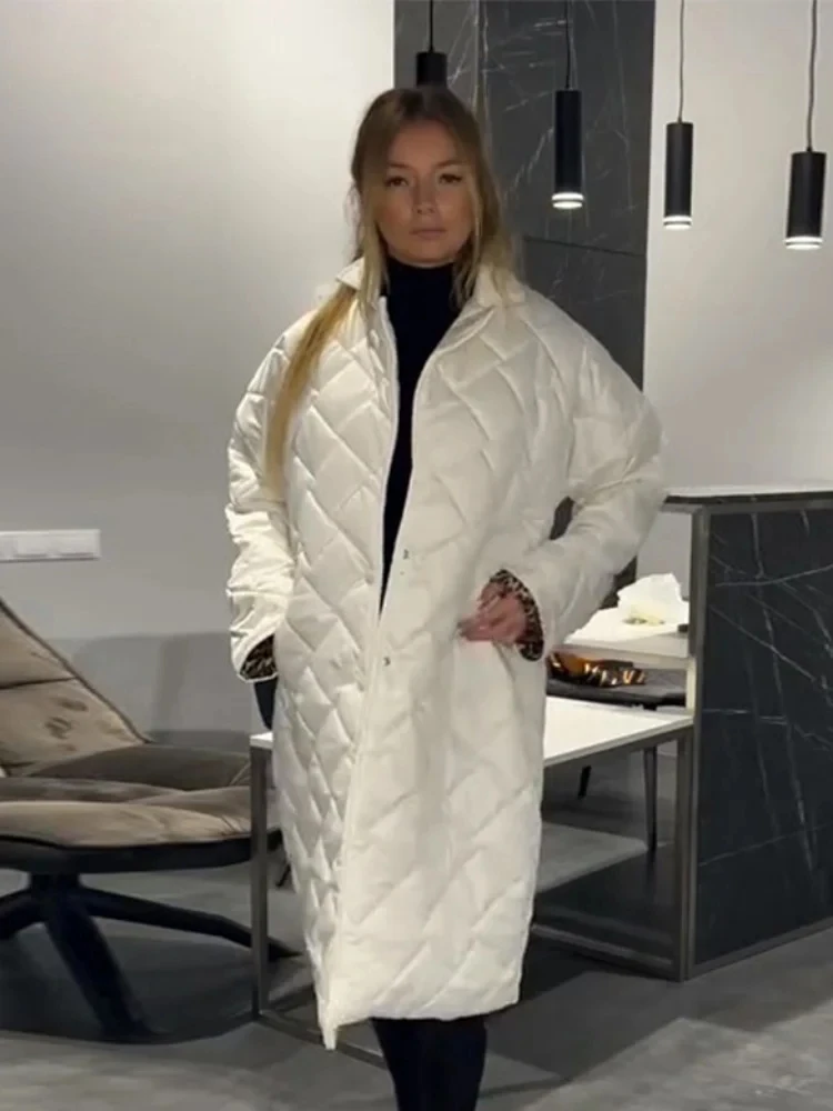 

Loose Warm Coat 2025 Winter Lady Chic Outwears New Fashion Leopard Split Quilted Jacket Women Lapel Single Breast Full Sleeve