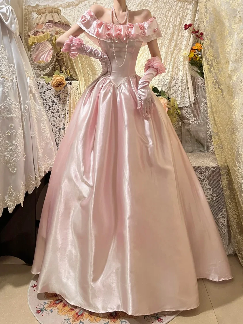 ESBRIDE Abito da sposa vintage in pizzo con spalle scoperte in raso rosa Abito da sera personalizzato Abiti da festa di compleanno formali con scollo a cuore