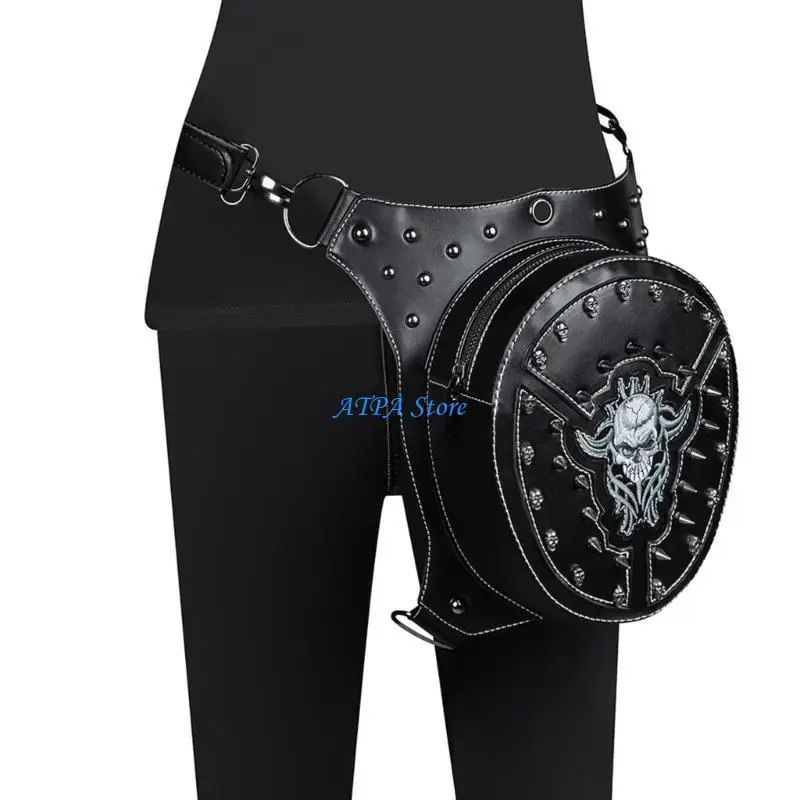 U13C Borsa con teschio da uomo con rivetti in pelle PU Steampunk Marsupio da gamba Borsa da Regalo