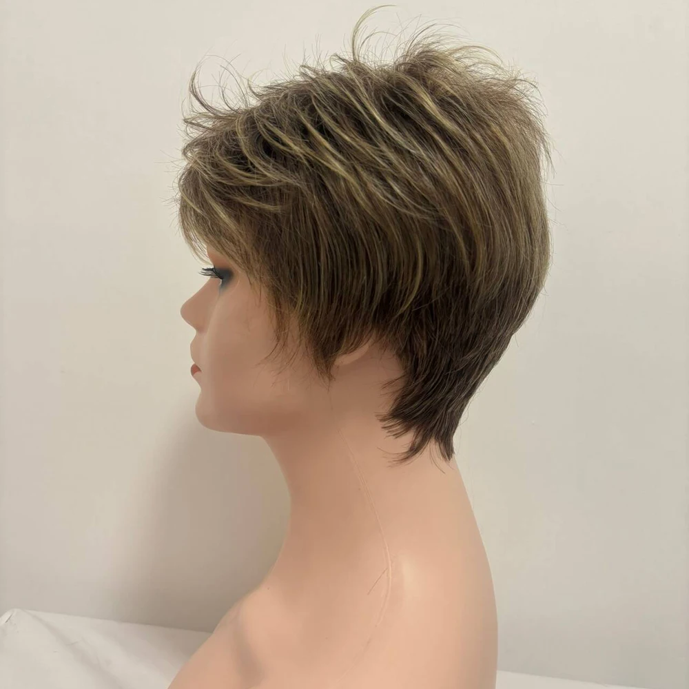 Short Dark Brown Mixed Blonde Highlight Pixie Cut Wigs with Bangs Synthetic Hair Layered Wigs