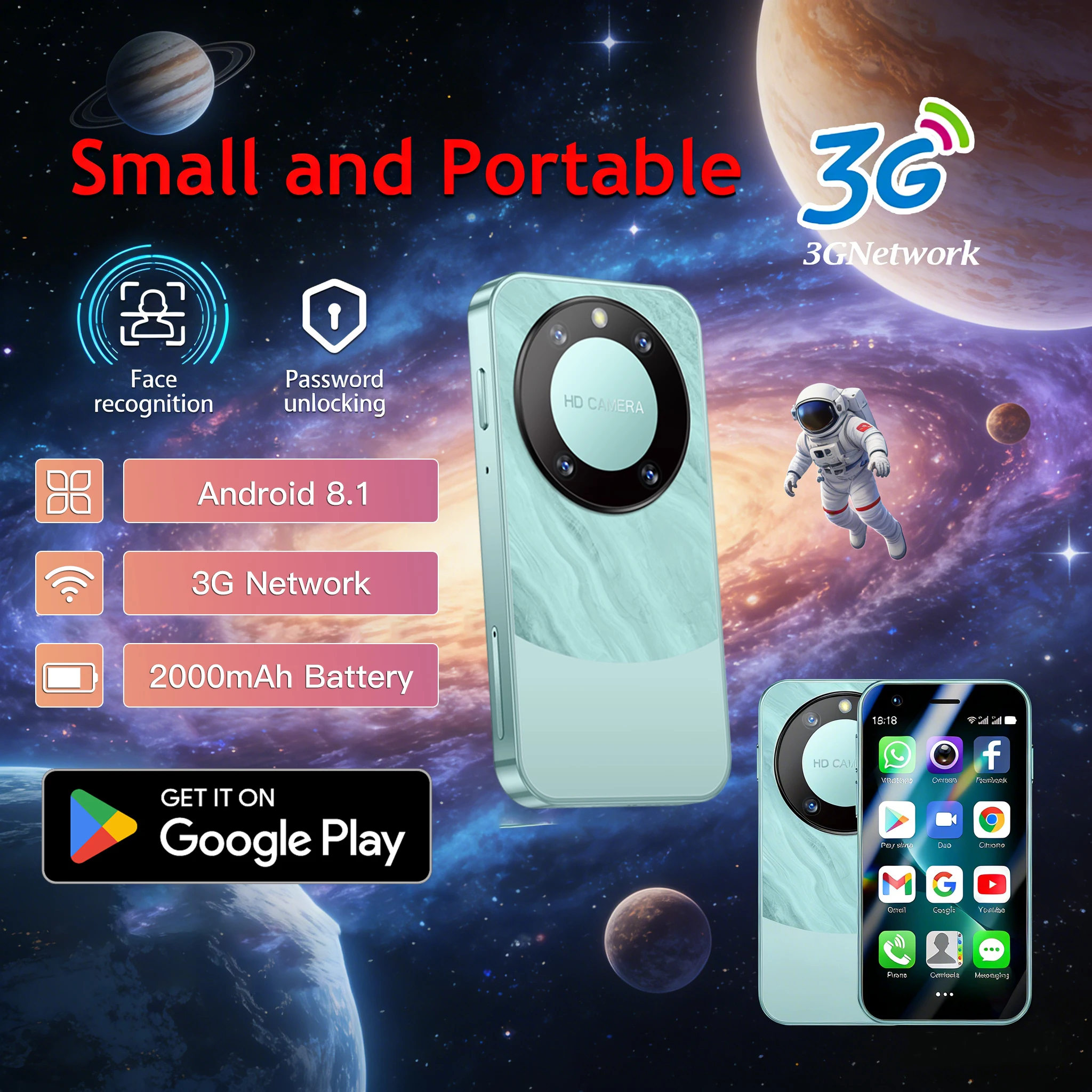 F8PROMAX Mini Android Smartphone, Dual SIM, 2+16GB Memory, Android 8.1, WiFi Connectivity, Full Network Compatibility