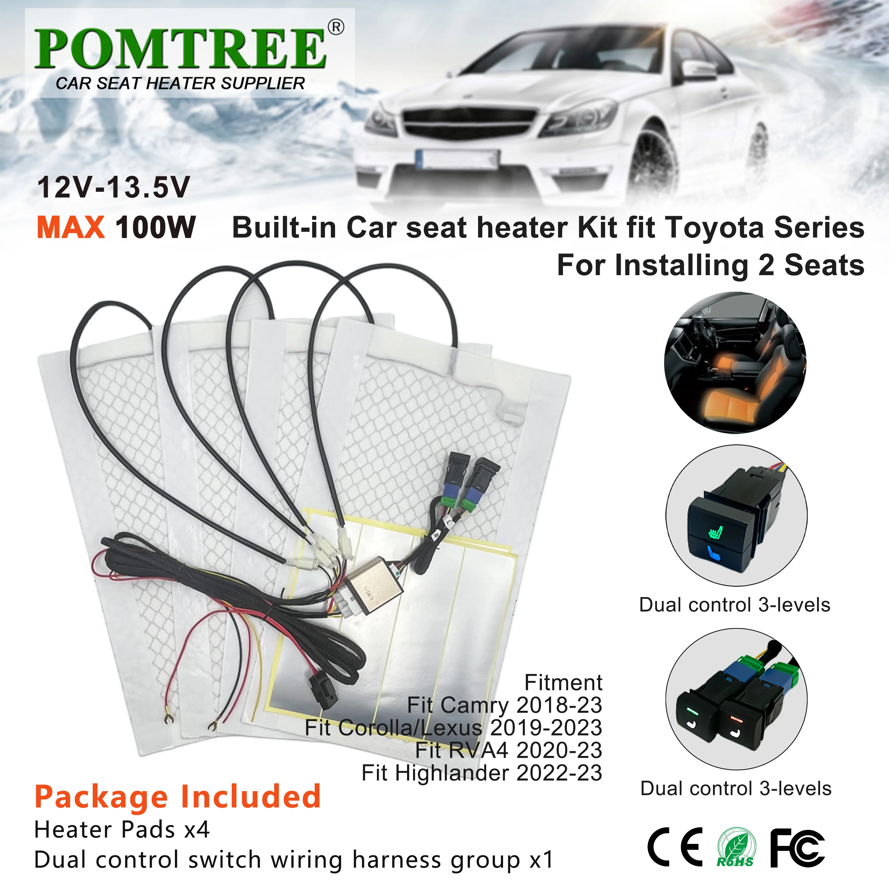 

Встроенный комплект обогрева автомобильных сидений, подходит для 2 сидений, грелки из углеродного волокна 100 Вт, переключатель режима памяти уровня 3 режима памяти, для Toyota Camry Corolla RVA4