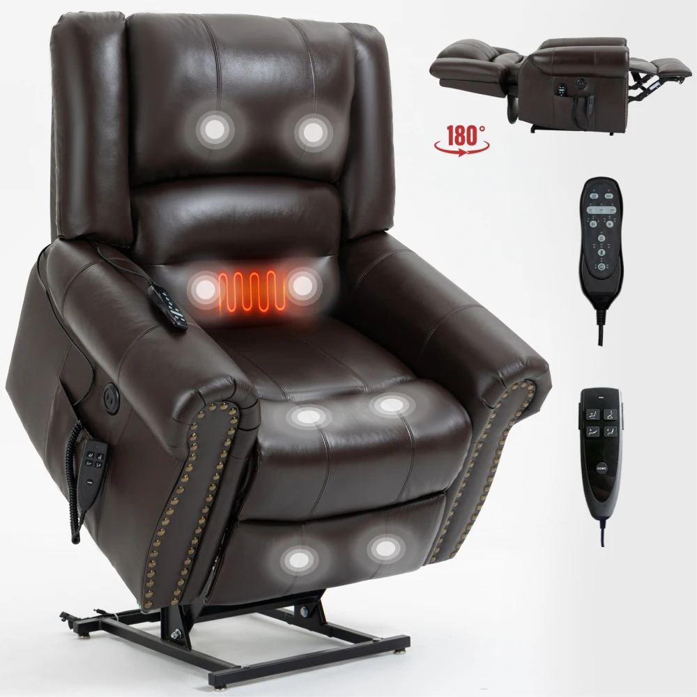 Brown Genuine Leather Dual Motor Power Lift Recliner Chair, Heat Massage Infinite Position Sofa with USB Ports, Heavy Duty Supports 350 LBS for Living Room Relaxation