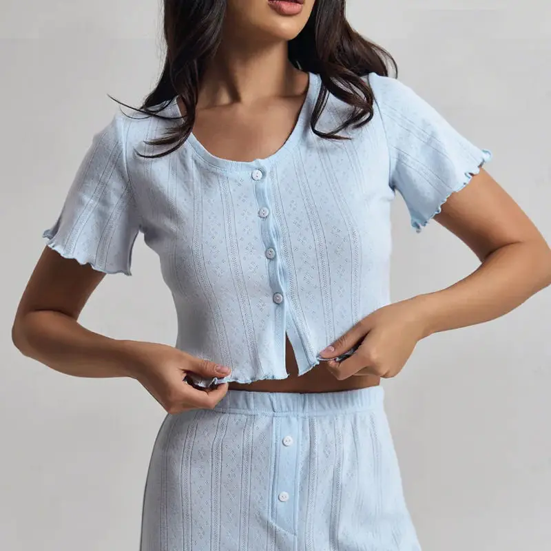 

Europe,America Spring and Summer New Trousers Light Blue Comfortable Cardigan Pajamas Set Can Be Worn Outside Women's Loungewear
