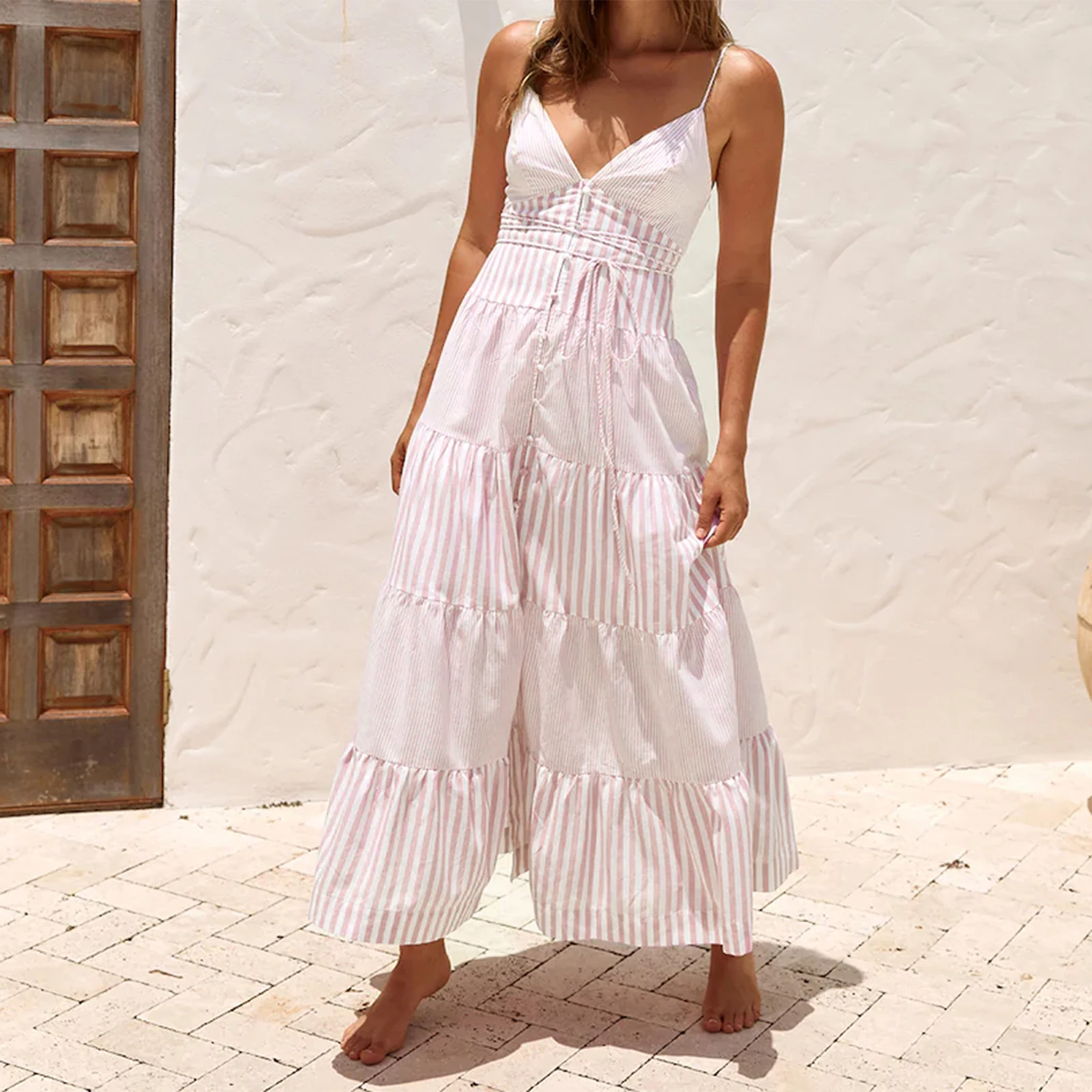 Combhasaki Donna Stampa a righe Colore a contrasto Scollo a V Regolabile Sottile cinturino per spaghetti Button-up Cami Slip Abito lungo con cintura a trapezio