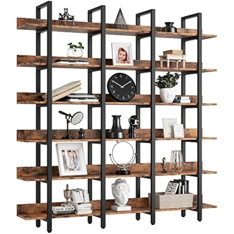 Bookcase and Bookshelves Triple Wide 6 Tiers Large Open Shelves, Etagere Bookcases with Back Fence for Home Office Decor