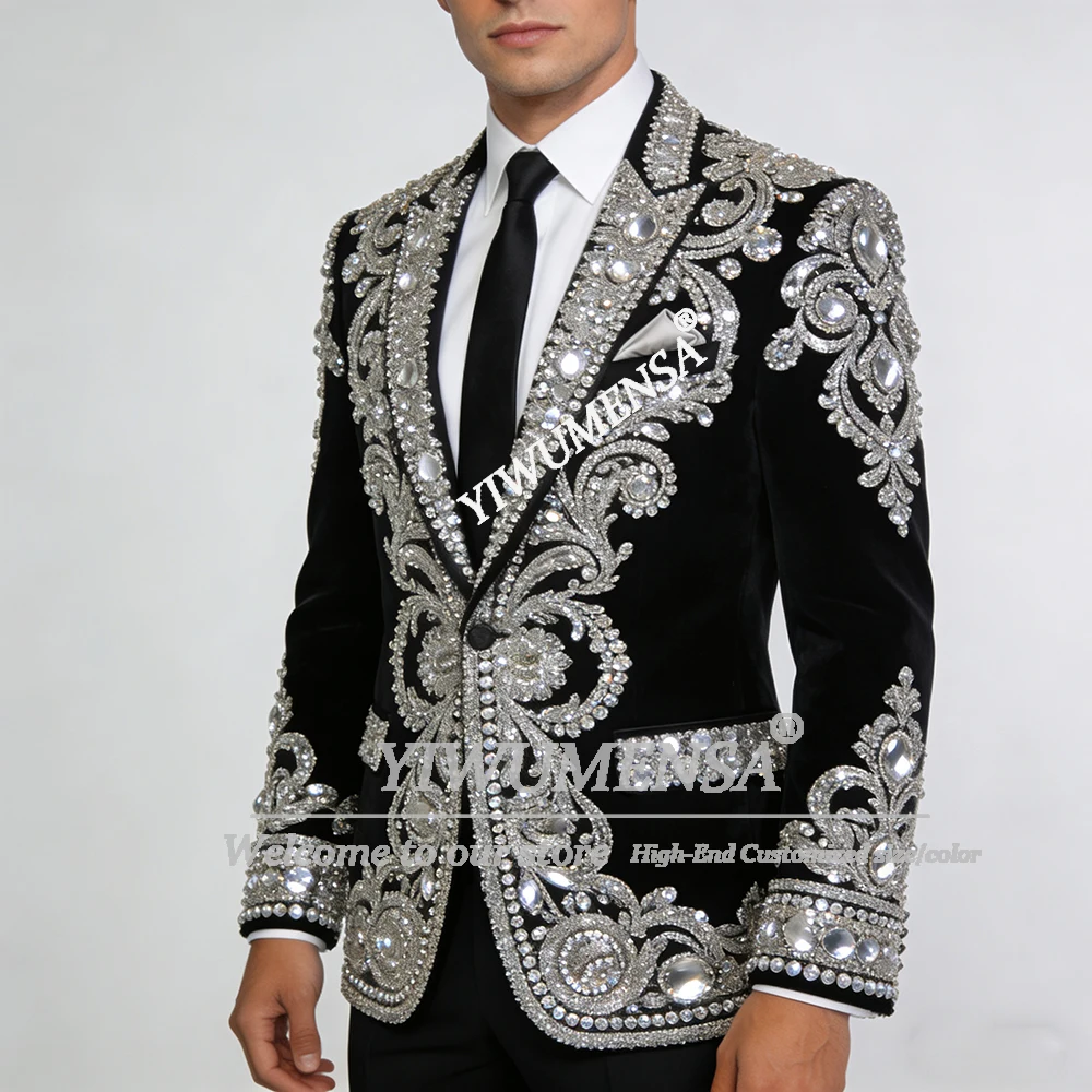 Exclusive Rhinestones Beaded Men's Suit Attire For Wedding Single Breasted Jacket Pants 2 Pieces Sets Groom Tuxedos Ropa Hombre