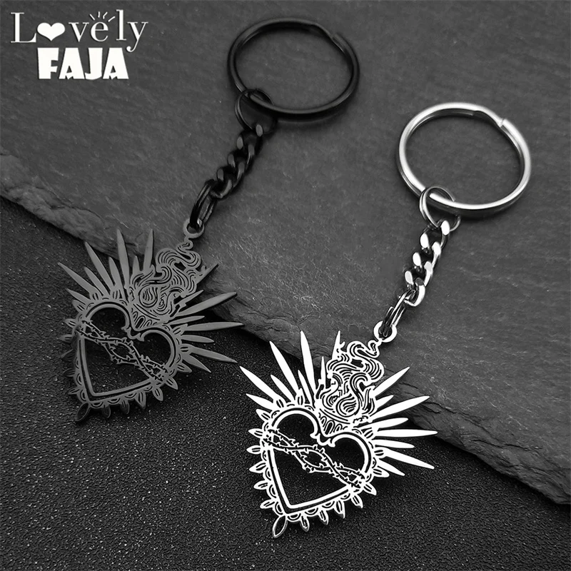 Flaming Sacred Heart Charms Dornen Heiliges Herz Schlüsselanhänger für Frauen Männer Edelstahl Schwarz Glaube Hohl Schlüsselanhänger Schmuck – Detail 5