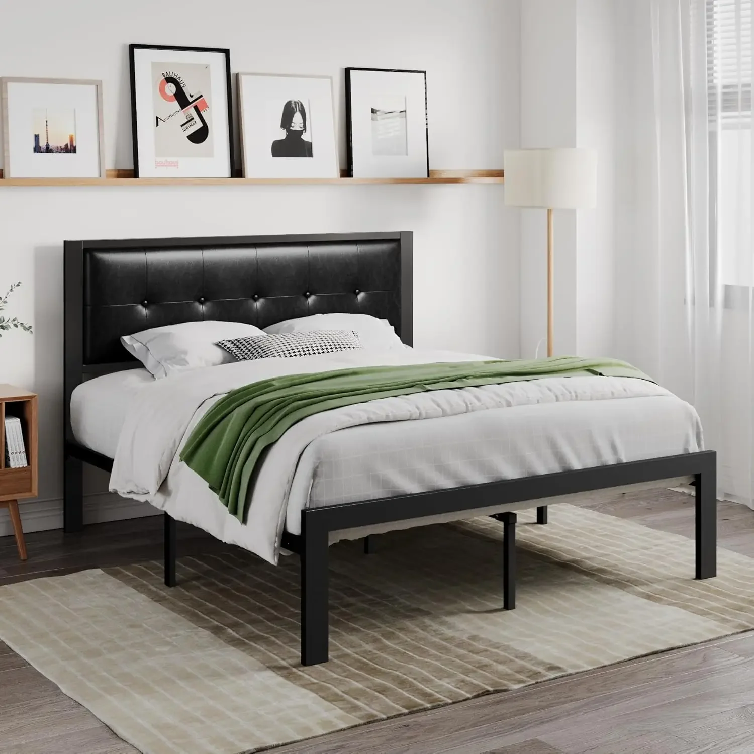 Leather Platform Bed Frame with Metal Slats, Button Tufted Square Stitched Headboard, No Box Spring Needed, Easy Assembly, Full