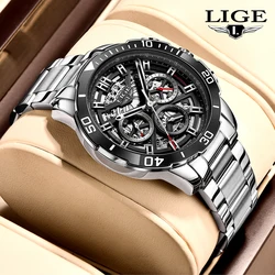 LIGE Fashion Luxury Man Watch Casual Business Stainless Steel Waterproof Wristwatches Date Creative Skeleton Quartz Watches Male