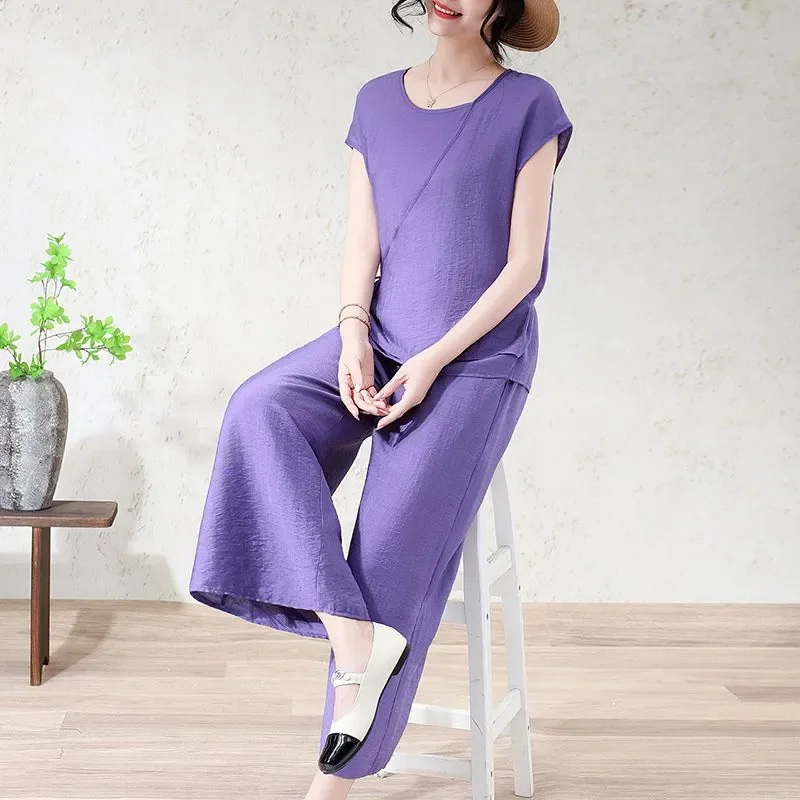 

Women's Solid Color Linen Two Piece Set Short Sleeve Top and Wide Leg Pants Casual Loungewear for Summer