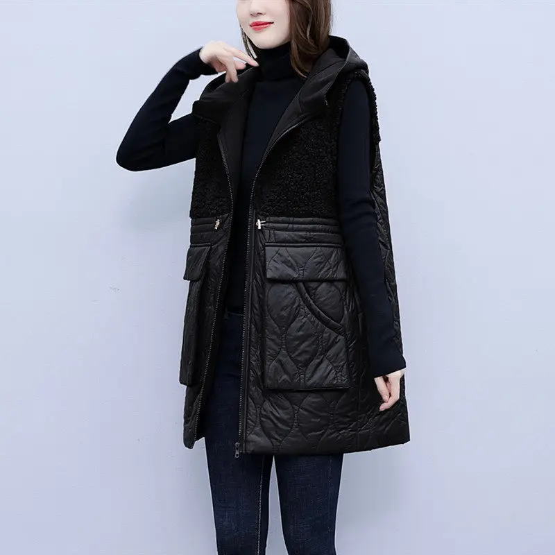 Large Size Vest Cotton Jacket 2022 Winter Women\'s Lamb Wool Splicing Fashion Warm Quilted Coat Hooded Sleeveless Waistcoat T860