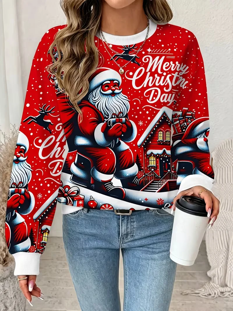 2026 latest women's Christmas clothing, 3D fun Christmas element printed casual top long sleeved round neck pullover
