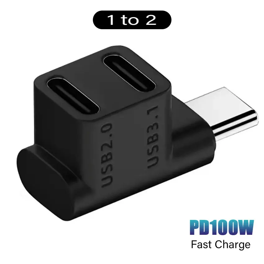 180 Degree U-shaped 100W USB 3.2 Type C Male to female 1 to 2 Adapter OTG 10Gbps Fast Data 4K Tablet USB-C Charging Converter