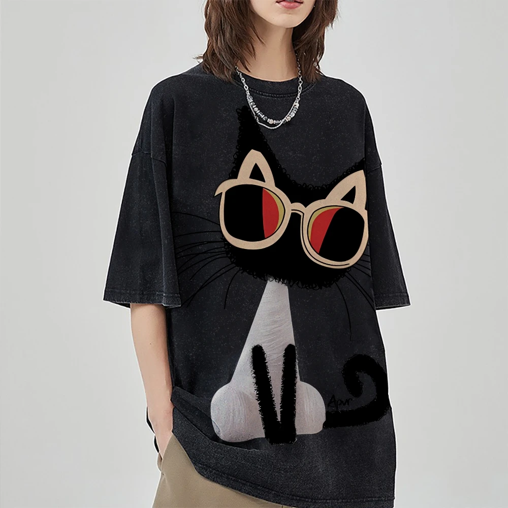 

Gothic Washed Tee Women's T-shirt Cute Kitten Dark Style Y2K Short Sleeve Top | Gothic Grunge T-Shirt | Dark Graphic Print