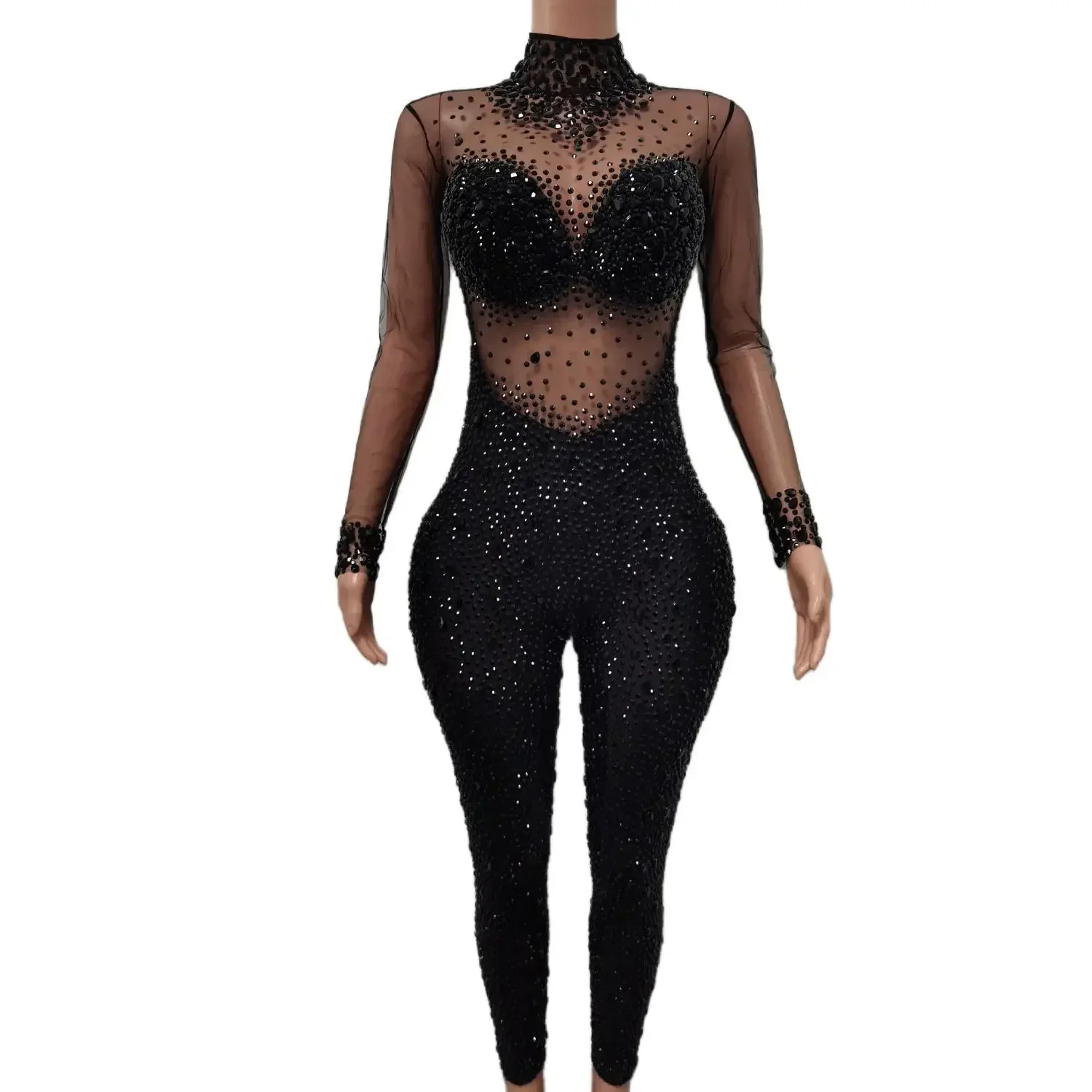 Boutique di abbigliamento maniche lunghe taglie forti pagliaccetto di cristallo tute da club donna sexy festa di compleanno celebrazione tuta con strass