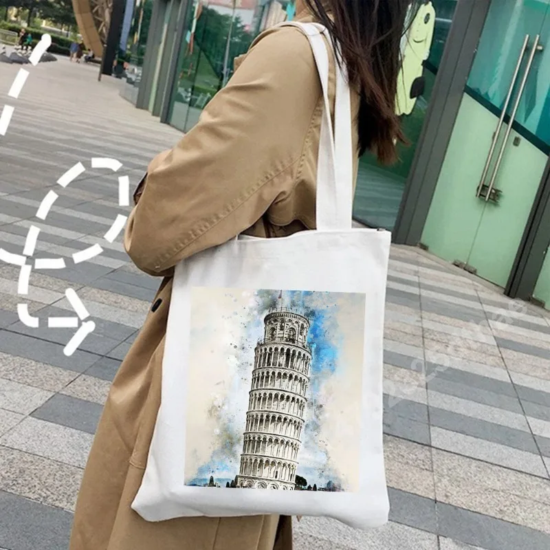 New York Paris London Pisa Shoulder Bag Rome Athens Painting Watercolor Women Girl Canvas Handbag Tote Eco Shopper Shopping Bags