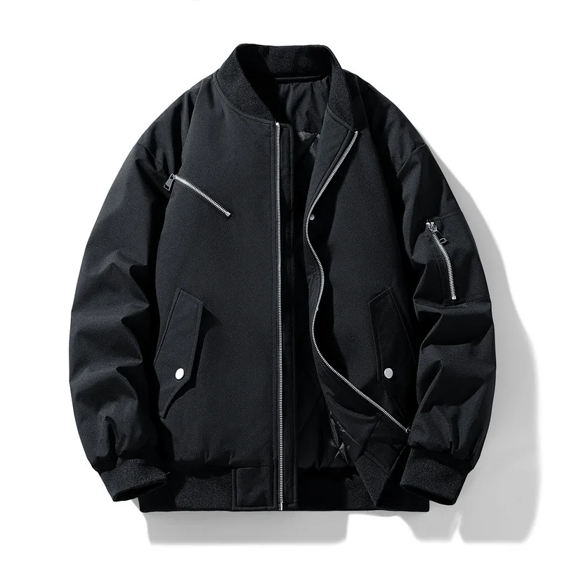 

Men Bomber Jacket Autumn Winter High Street Stand Collar Zipper Male Outerwear Thicken Solid Color Long Sleeve Oversize Man Coat