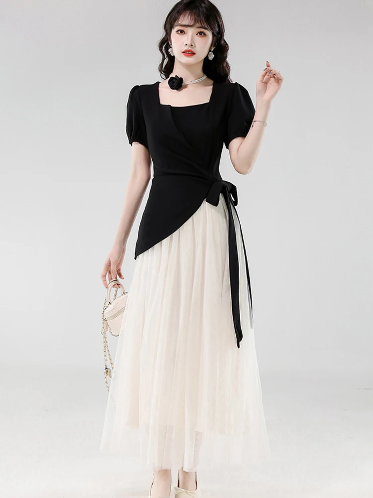 

Women Vintage Party Dress 2025 Summer Elegant Fashion Fake Two-piece Spliced Short Sleeve Slim Bowknot Mesh Long Dresses Robe
