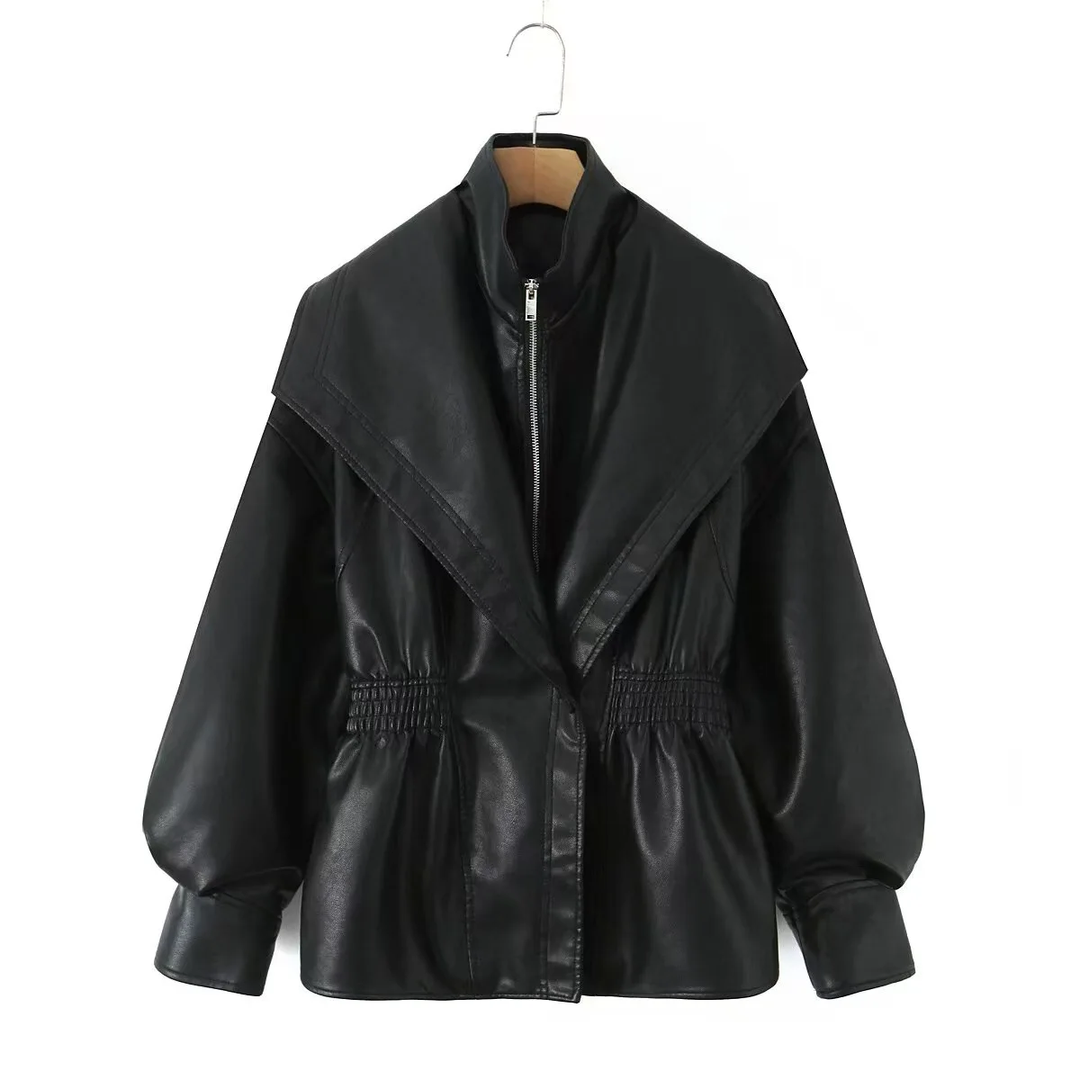 Women Faux Leather Coats Solid Jackets Zipper Button Turn Down Collar Long Sleeves Cinched Waist Loose Fit Casual 2026 Spring