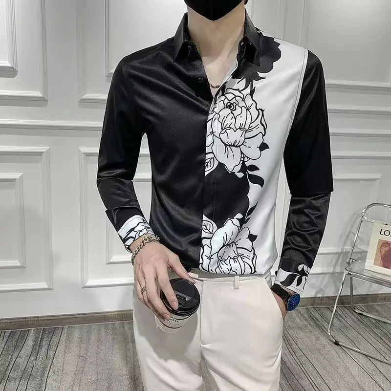 Spring Autumn Korean Fashion Contrast Color Loose Casual Shirt Hombre Long Sleeve Printed Patchwork Blouse Male Buttons Tops Men