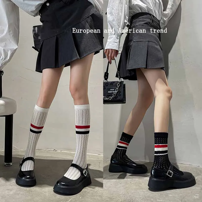 

Jk Stripes Long Socks for Women Stockings Cotton Socks Autumn Winter Hollow High Stockings INS Girls Fashion Harajuku Knee Socks