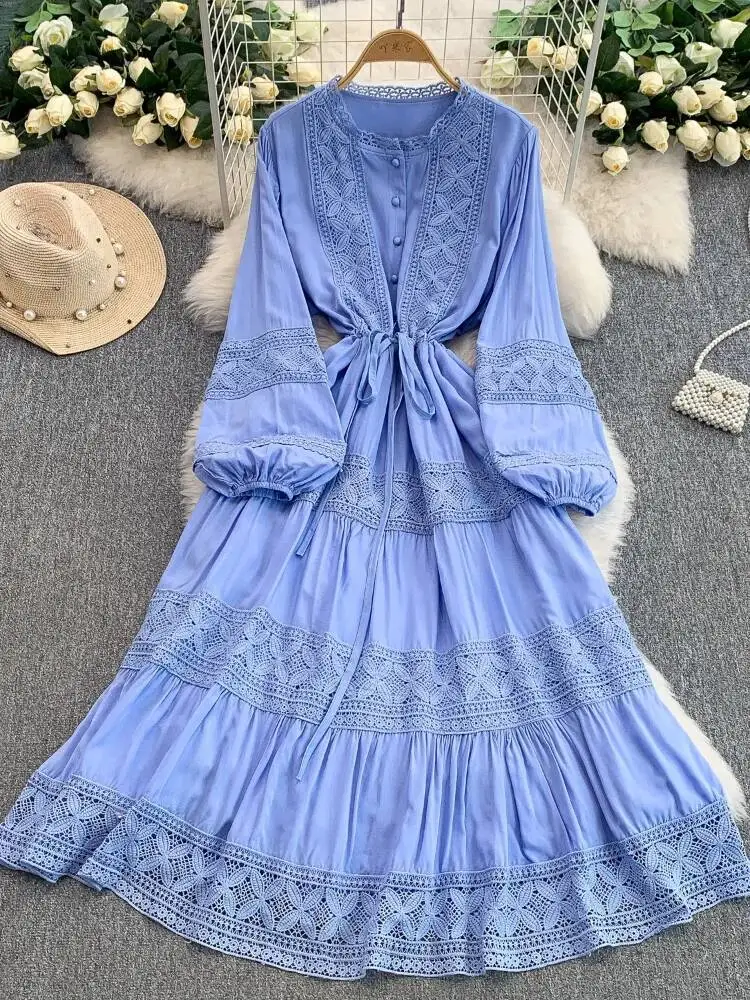 Mulheres francês rendas retalhos vestido primavera verão em torno do pescoço manga comprida vestidos vintage abotoado cordão em camadas robe