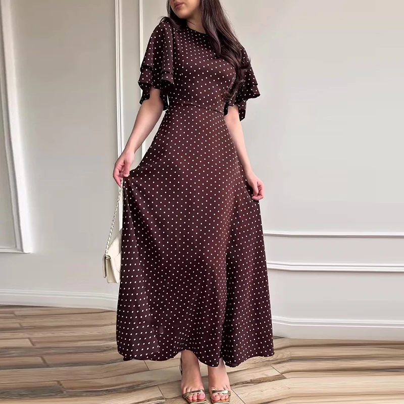 Fashion Polka Dots Print High Waist Long Dress Women's Elegant O Neck Slim A-Line Party Dress Summer Short Sleeve Bohemian Dress view 3