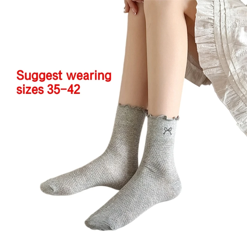 Trendy Mesh Socks with Embroidered Bowknot Ruffle Middle Calf Cotton Socks